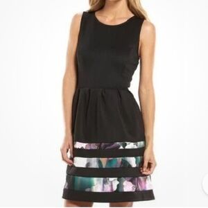 Apt 9 Black Sleeveless Flare Hem Mini Dress with Floral Border Stripe, Size M